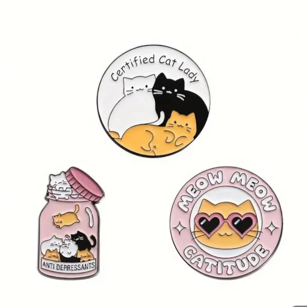 Cute Cat Enamel Pins Certified Cat Lady Meow Catitude Anti Depressants